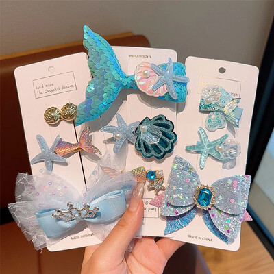 3gab Sequin Fish Tail Starfish Mermaid Princess matu sprādzes Creative Shell Bow Bangs Matadata Bērnu meiteņu matu aksesuāri