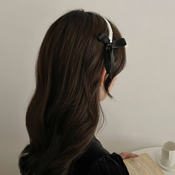 Винтидж лента за коса с панделка с френски перли за жени Момичета 2022 Есен Зима Корейски Елегантен черен класически обръч за коса Бижута за коса