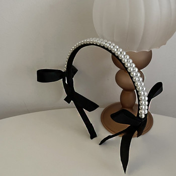 Винтидж лента за коса с панделка с френски перли за жени Момичета 2022 Есен Зима Корейски Елегантен черен класически обръч за коса Бижута за коса