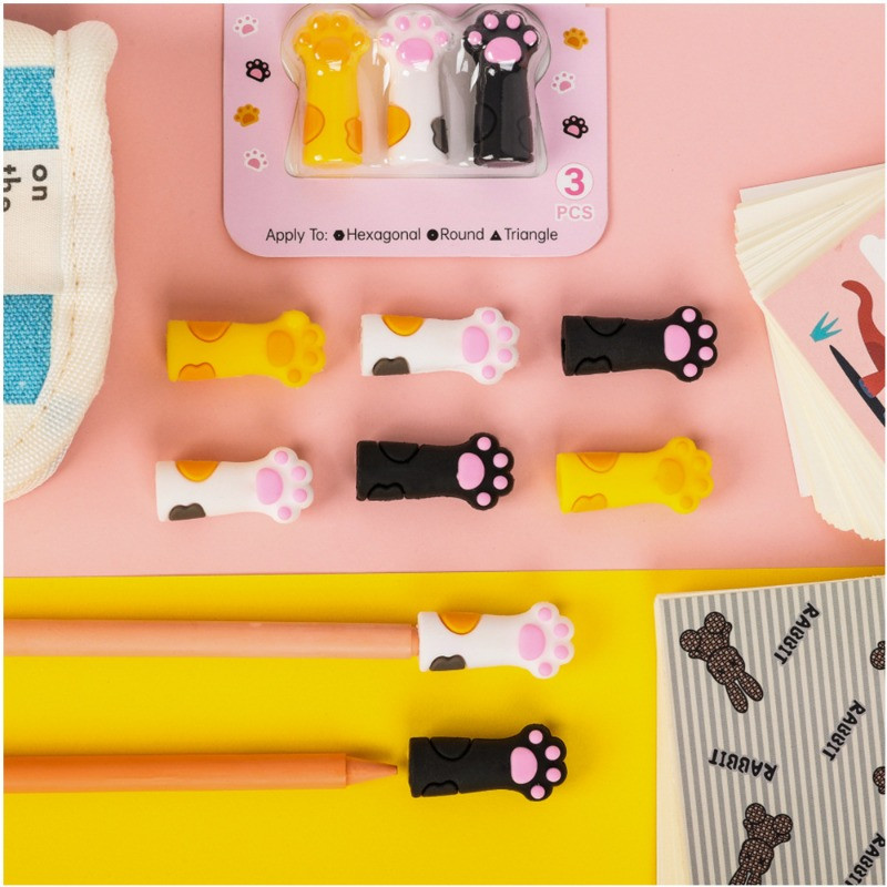 3 τεμ/Σετ Kawaii Cat Pencil Cap Cartoon Silicone Topper Covers for Kids Cute Pencil Extender Σχολικά είδη