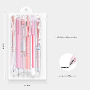 6 ΤΕΜ/σετ Kawaii Pink Gel Pen 0,5mm Creative Cute Neutral Μαύρο στυλό μελανιού Παιδικό Δώρο Σχολικό Γράψιμο Γραφείου Επιστροφή στο σχολείο