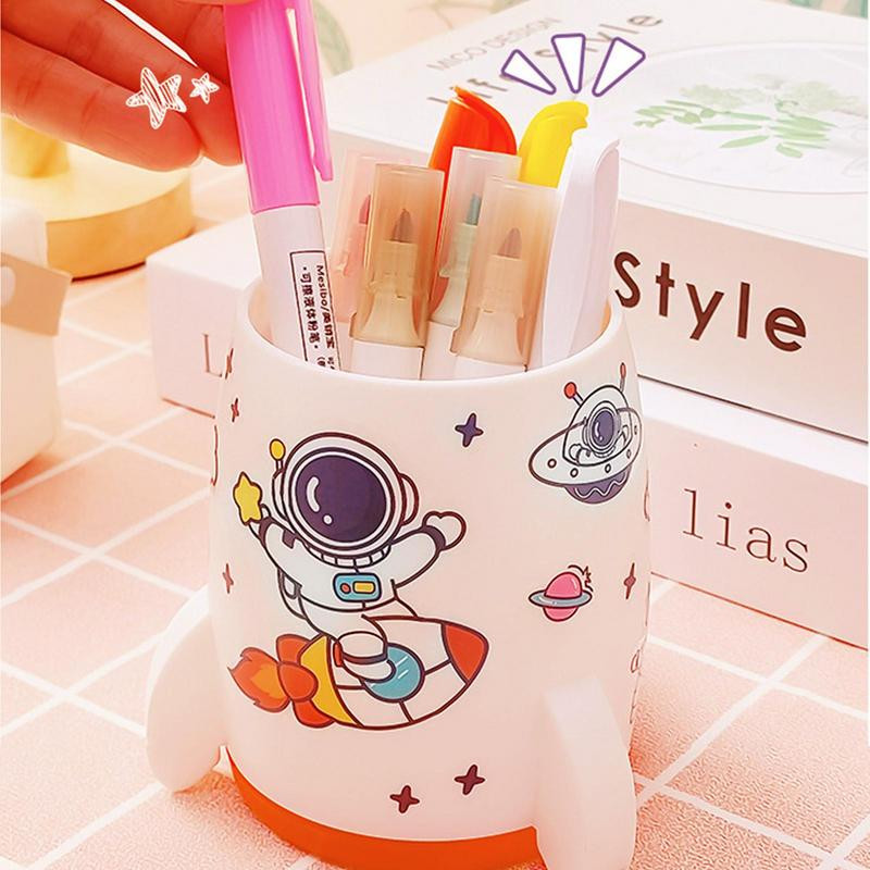 Αυτοκόλλητο με πινέλο μακιγιάζ θήκη στυλό πυραύλων Κουτί αποθήκευσης μολυβιού υψηλής χωρητικότητας Αισθητικό μολύβι σε σχήμα πυραύλου με αυτοκόλλητο αστροναύτη
