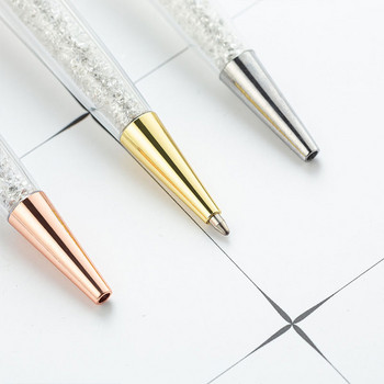 Писалка от розово злато Bling Diamond Pens Fine Black Ink Crystal Химикалка Пръстен Сватбен офис Метална ролкова химикалка Подарък
