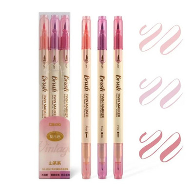 3 db Retro színű kalligráfia ecsettoll készlet Barkácsolás Scrapbooking Crafts Puha hegy Kétoldalas Fine Liner Art betűkkel Rajzjelzők