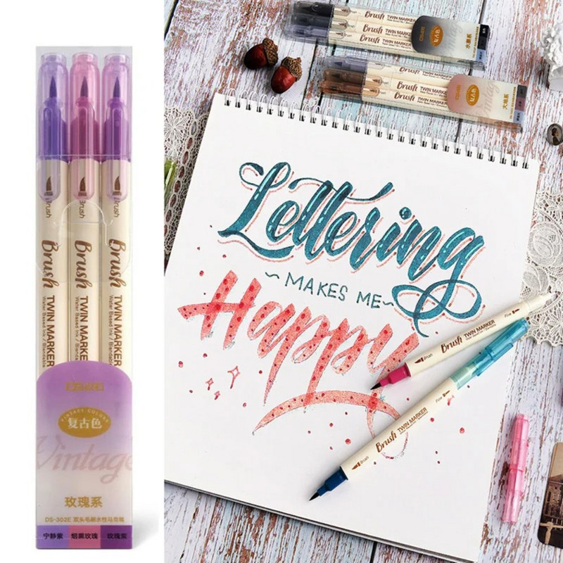 3 db Retro színű kalligráfia ecsettoll készlet Barkácsolás Scrapbooking Crafts Puha hegy Kétoldalas Fine Liner Art betűkkel Rajzjelzők