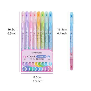 8 бр. Двустранни флуоресцентни маркери за изкуство Liner Color Overlay Highlighter Pens Set Drawing Office School Highlighters