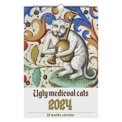 Ugly Medieval Cats Calendar 2024 Planificator de calendar lunar amuzant de perete Calendar lunar de agățat Cadouri unice pentru iubitorii de pisici