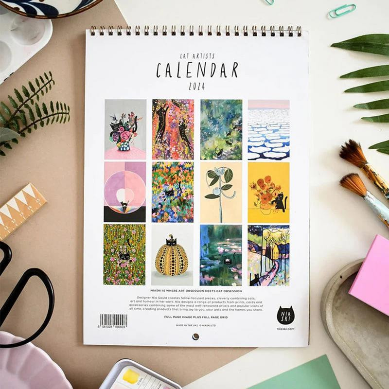 2024 m. Cats in Art sieninių kalendorių planuotojas nuo sausio iki gruodžio Naujovė 12 mėnesių paprastas planavimas sieniniai kalendoriai Kūrybinės dovanos katėms
