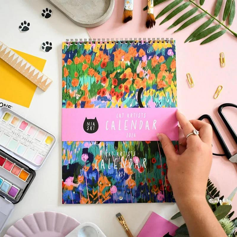 2024 m. Cats in Art sieninių kalendorių planuotojas nuo sausio iki gruodžio Naujovė 12 mėnesių paprastas planavimas sieniniai kalendoriai Kūrybinės dovanos katėms
