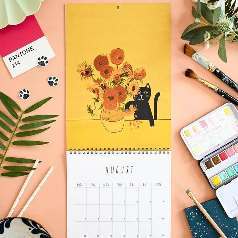 2024 m. Cats in Art sieninių kalendorių planuotojas nuo sausio iki gruodžio Naujovė 12 mėnesių paprastas planavimas sieniniai kalendoriai Kūrybinės dovanos katėms