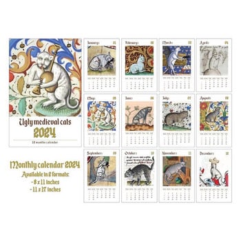 Ugly Medieval Cats Calendar 2024 Wall Funny Monthly Calendar Planner Wall Hanging Monthly Calendar Μοναδικά δώρα για τους λάτρεις της γάτας