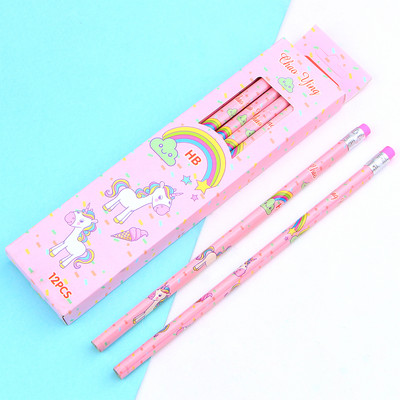 12Pcs/Set Cute Kawaii Cartoon Unicorn Pencil HB Sketch Items Рисуване на канцеларски материали Студент Училищни офис консумативи за деца Подарък