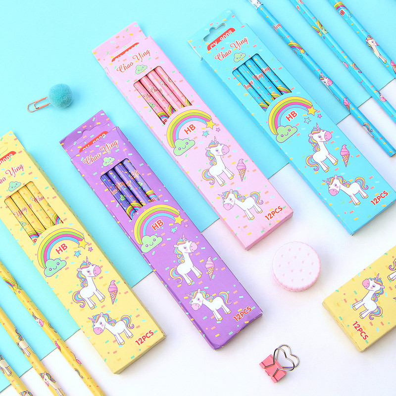 12Pcs/Set Cute Kawaii Cartoon Unicorn Pencil HB Sketch Items Рисуване на канцеларски материали Студент Училищни офис консумативи за деца Подарък