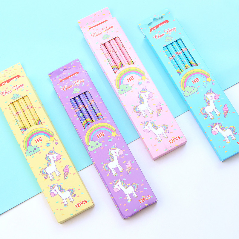 12Pcs/Set Cute Kawaii Cartoon Unicorn Pencil HB Sketch Items Рисуване на канцеларски материали Студент Училищни офис консумативи за деца Подарък