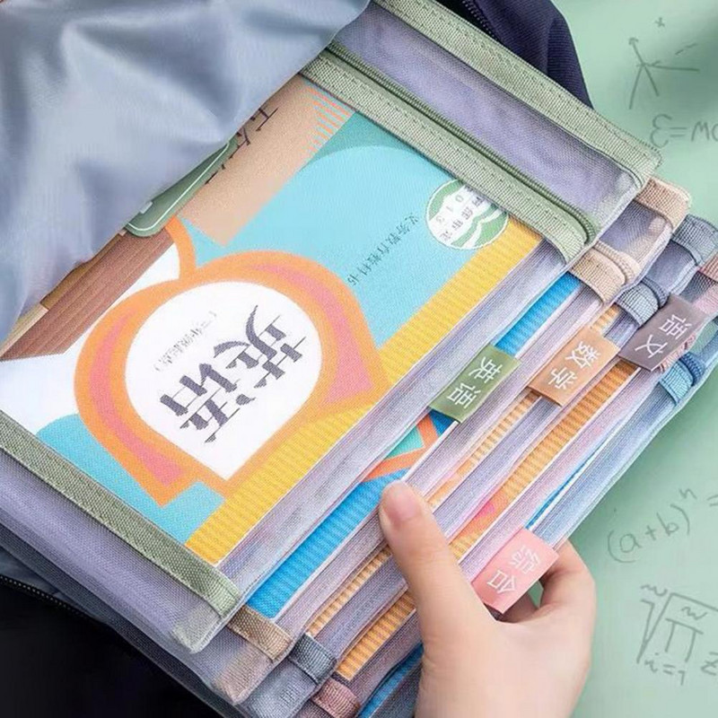 Spalvingi maišeliai su užtrauktuku Ryškios spalvos vandeniui atsparūs maišeliai su tinklinėmis kišenėmis, rankenos virvė A4 A5 formato užrašams organizavimui