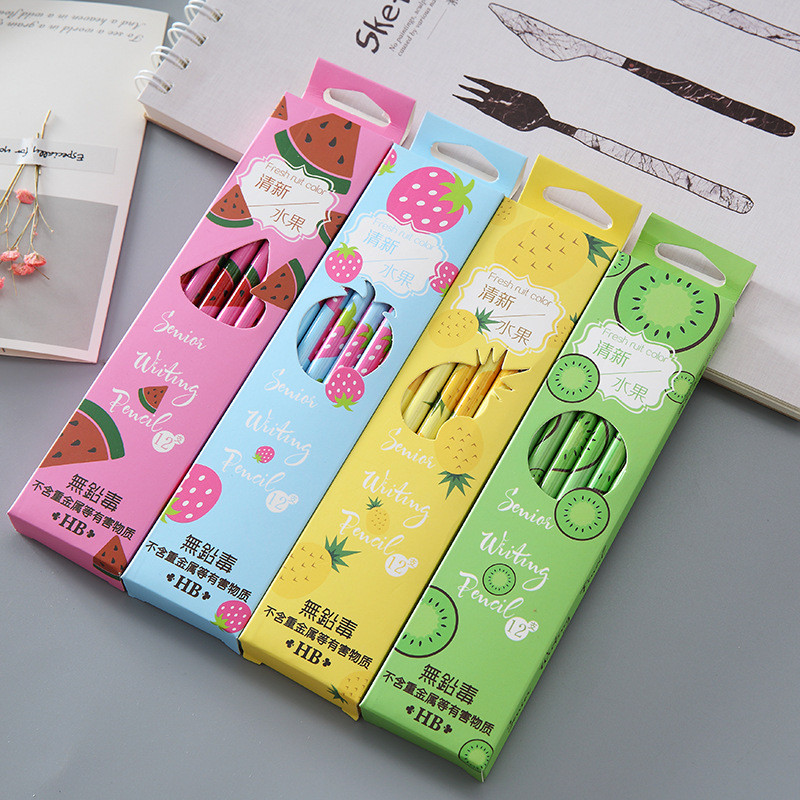 12 τεμ/κουτί Φρέσκα φρούτα μυθιστόρημα μολύβια καρπούζι φράουλα Γόμα μολυβιών Χαριτωμένα χαρτικά Παιδικά μολύβια Δώρο
