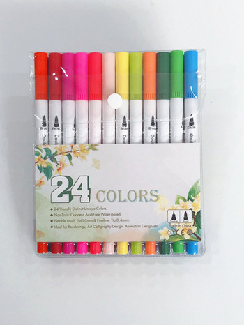 Bview Art 24colors Dual Tip Ακουαρέλα στυλό Παιδικά Ενήλικες Καλλιτέχνης Fine Point Coloring Markers