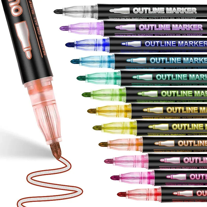 24 цветни контури с двойна линия Art Pen Marker Pen DIY Graffiti Outline Marker Pen Highlighter Scrapbook Diary Poster Card