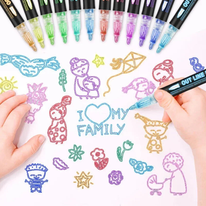 24 цветни контури с двойна линия Art Pen Marker Pen DIY Graffiti Outline Marker Pen Highlighter Scrapbook Diary Poster Card