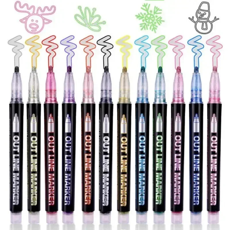 24 цветни контури с двойна линия Art Pen Marker Pen DIY Graffiti Outline Marker Pen Highlighter Scrapbook Diary Poster Card