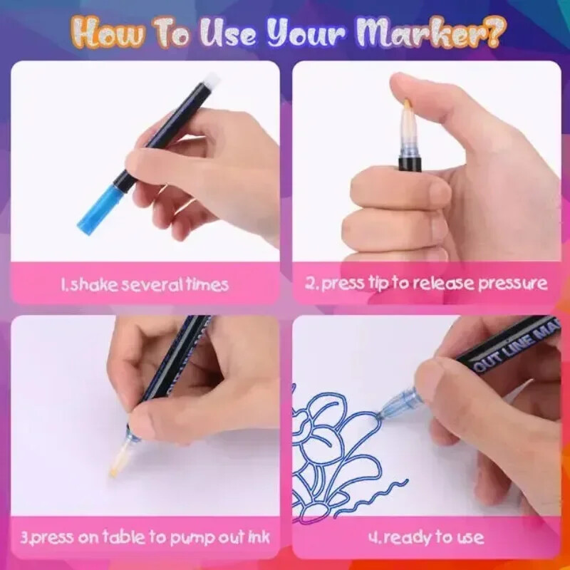 24 цветни контури с двойна линия Art Pen Marker Pen DIY Graffiti Outline Marker Pen Highlighter Scrapbook Diary Poster Card