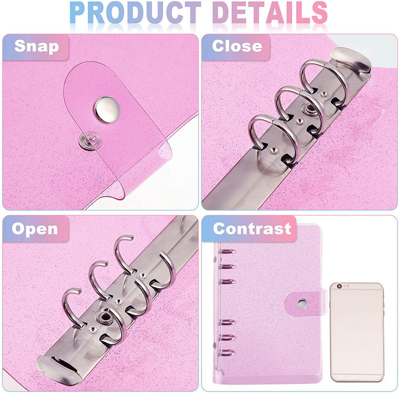 A6 segtuvų skaidraus blizgučio pakartotinai užpildomas 6 žiedų nešiojamojo kompiuterio dangtelis su užsegamu mygtuku, laisvų lapų aplanko nešiojamojo kompiuterio asmeninis planuotojas