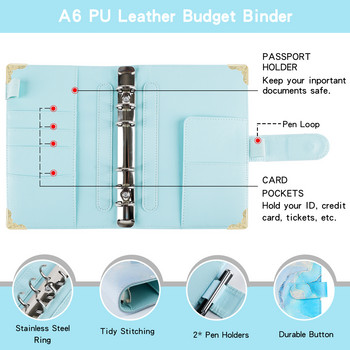 A6 PU кожена подвързия за преносими компютри, за многократно пълнене, 6 пръстена, бюджетна подвързия за подвързия за A6, хартия за пълнене, личен планер на свободни листа със затваряне