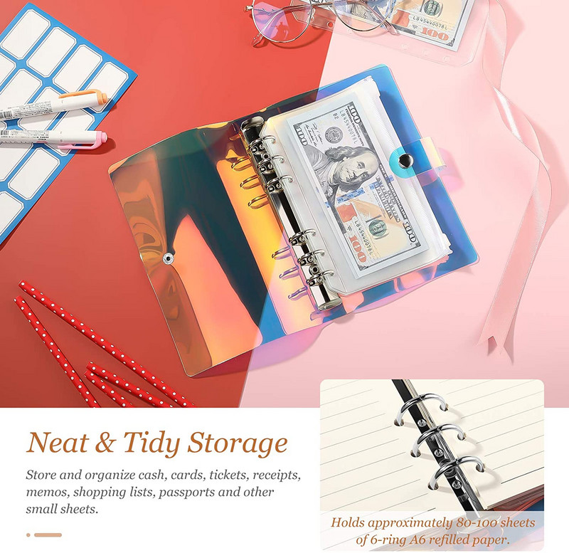 NAUJA A6 skaidraus minkšto PVC nešiojamojo kompiuterio segtuvo dangtelio planuoklė 6 žiedų laisvų lapų aplanko grynųjų pinigų biudžetinių vokų sistema su 10 vnt.