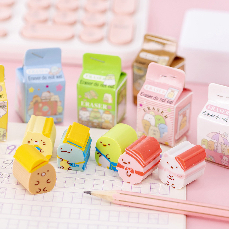 4 db/csomag Kawaii Milk Box Sumikko Gurashi gumiradír Aranyos radírok Irodaszerek Ajándékdíjak Iskolaszerek Aranyos írószerek