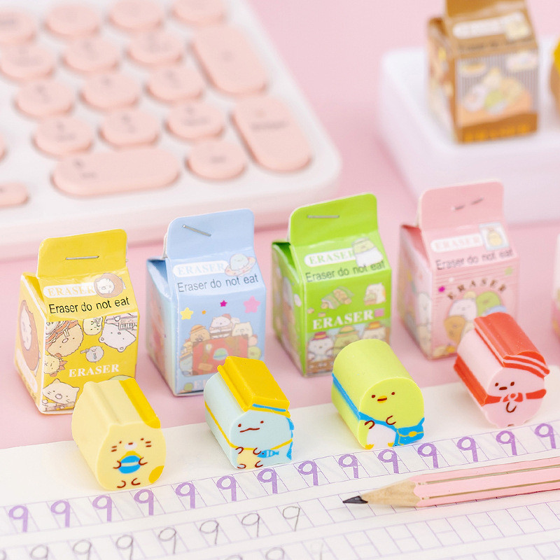 4 db/csomag Kawaii Milk Box Sumikko Gurashi gumiradír Aranyos radírok Irodaszerek Ajándékdíjak Iskolaszerek Aranyos írószerek