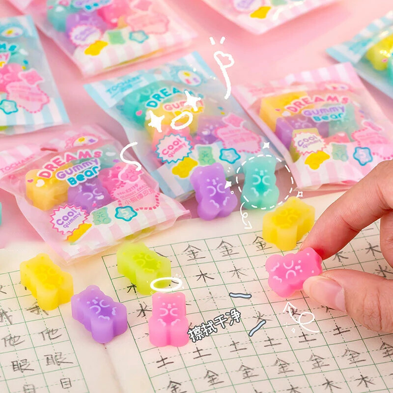 5db Kawaii Bear Radír Jelly Color Mini Ceruza Gumi Radír Gyerek Ajándékjavító Szerszám Koreai Írószer Irodaszerek